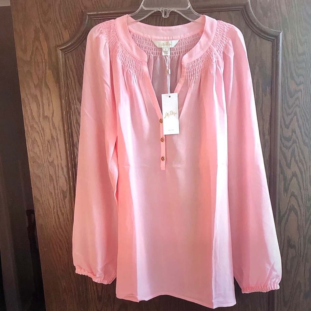 Lilly Pulitzer Light Pink Smocked Yoke Button-Up Blouse